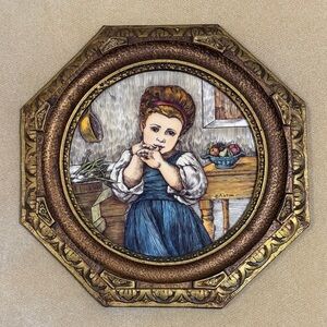VINTAGE ARTINI 4D SCULPTURE PAINTING “YOUNG GIRLIN KITCHEN” OCTAGONAL GOLD FRAME
